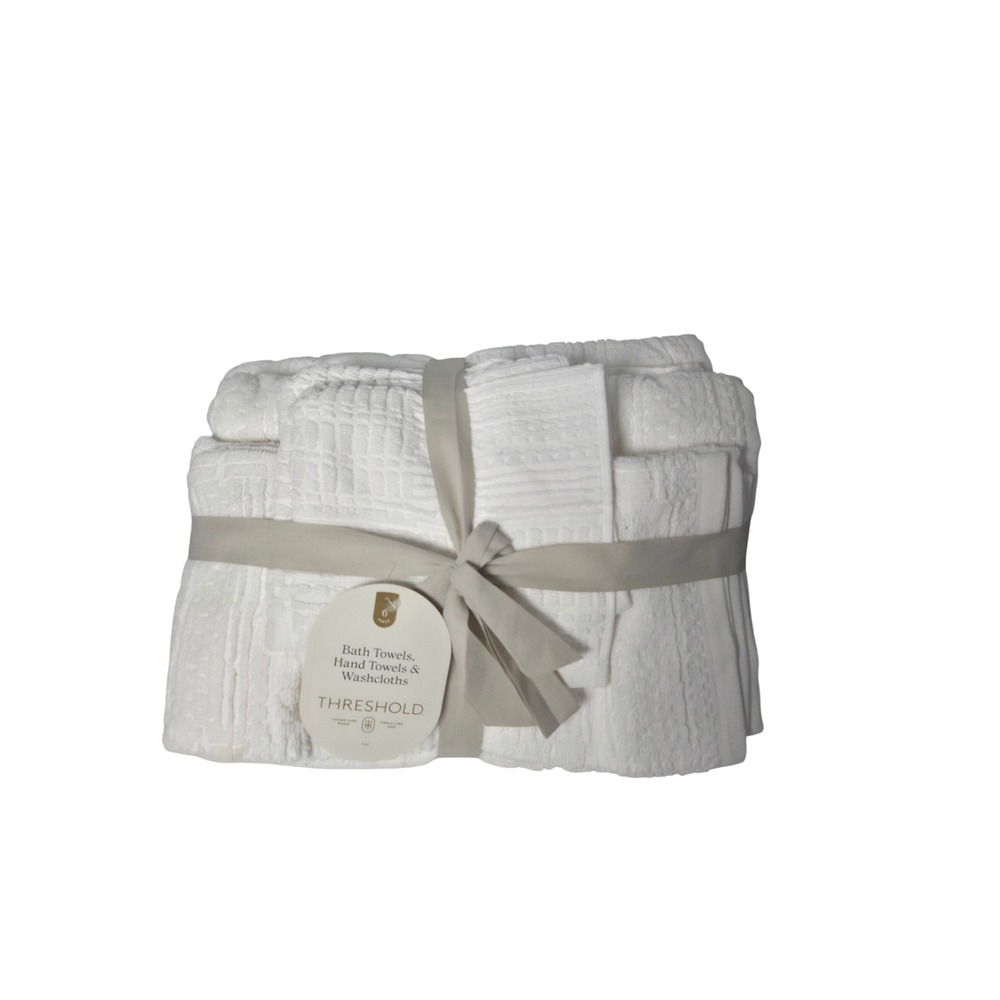 Threshold 6 Piece Cotton Towel Set White Bath Hand Washcloths Textured Waffle